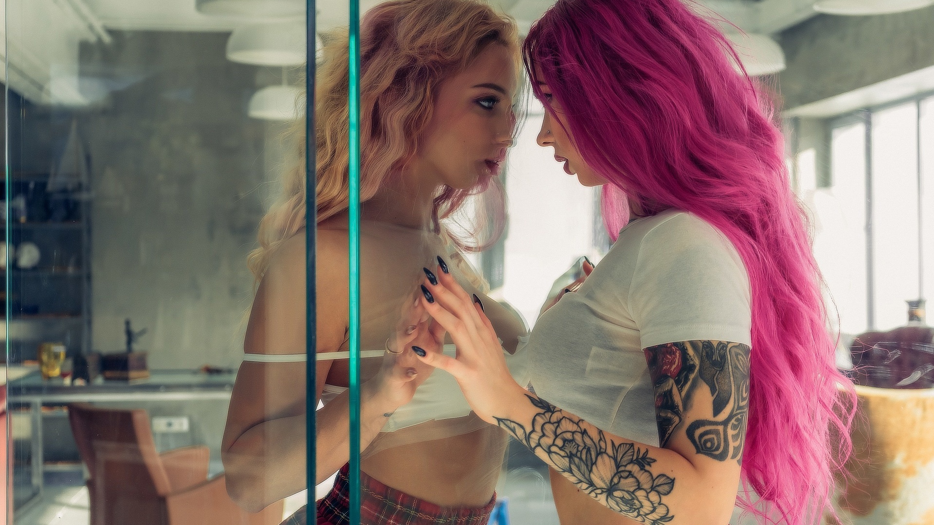 women, purple hair, tattoo, crop top, blonde, two women, glass, plaid shirt, long hair, black nails