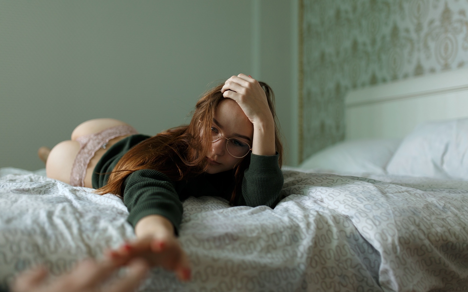 women, ass, in bed, pillow, lying on front, panties, painted nails, women with glasses, green sweater, artyom mernaev ,  ,mernaev