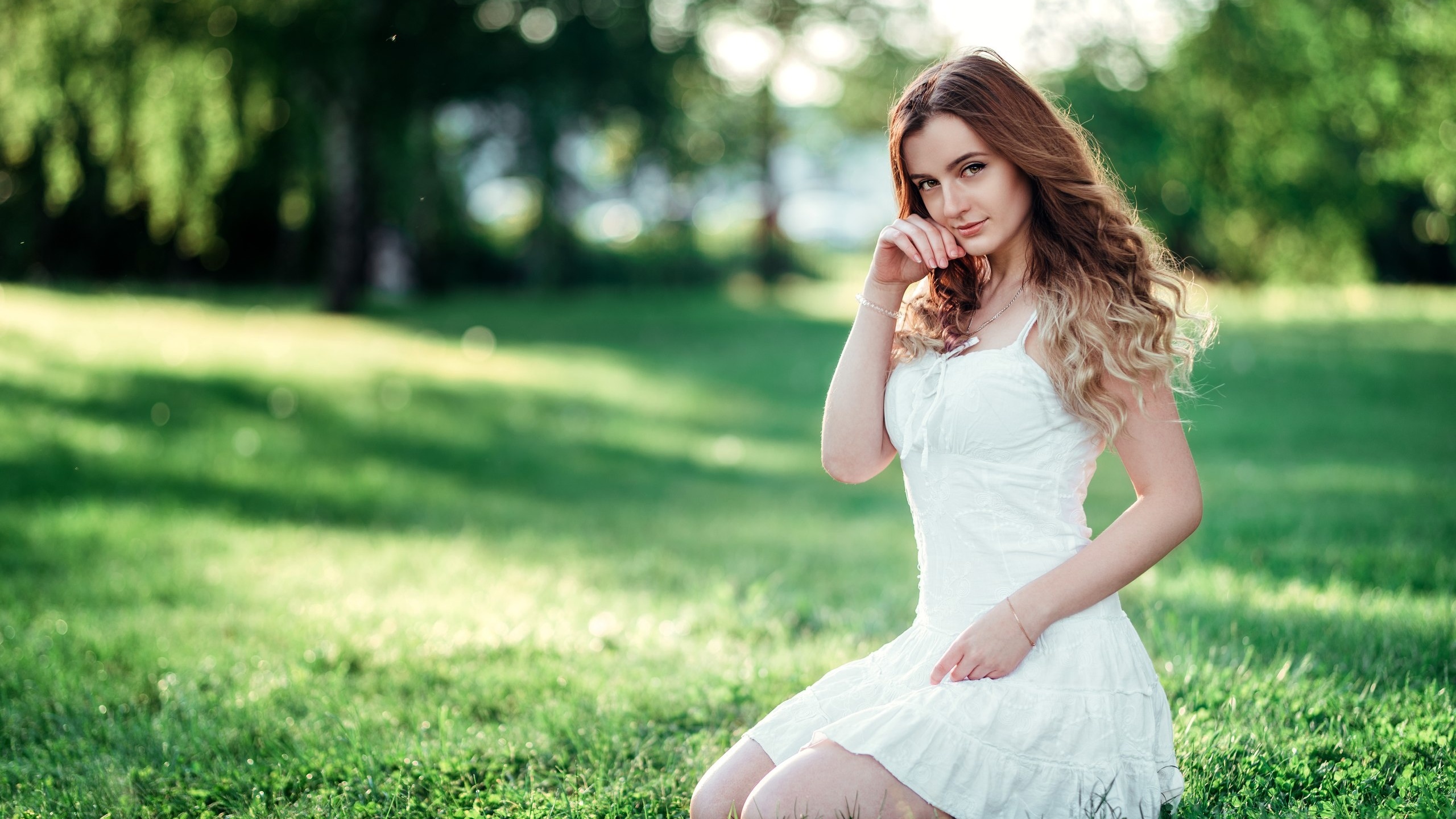 women, portrait, white dress, trees, grass, kneeling, women outdoors, smiling