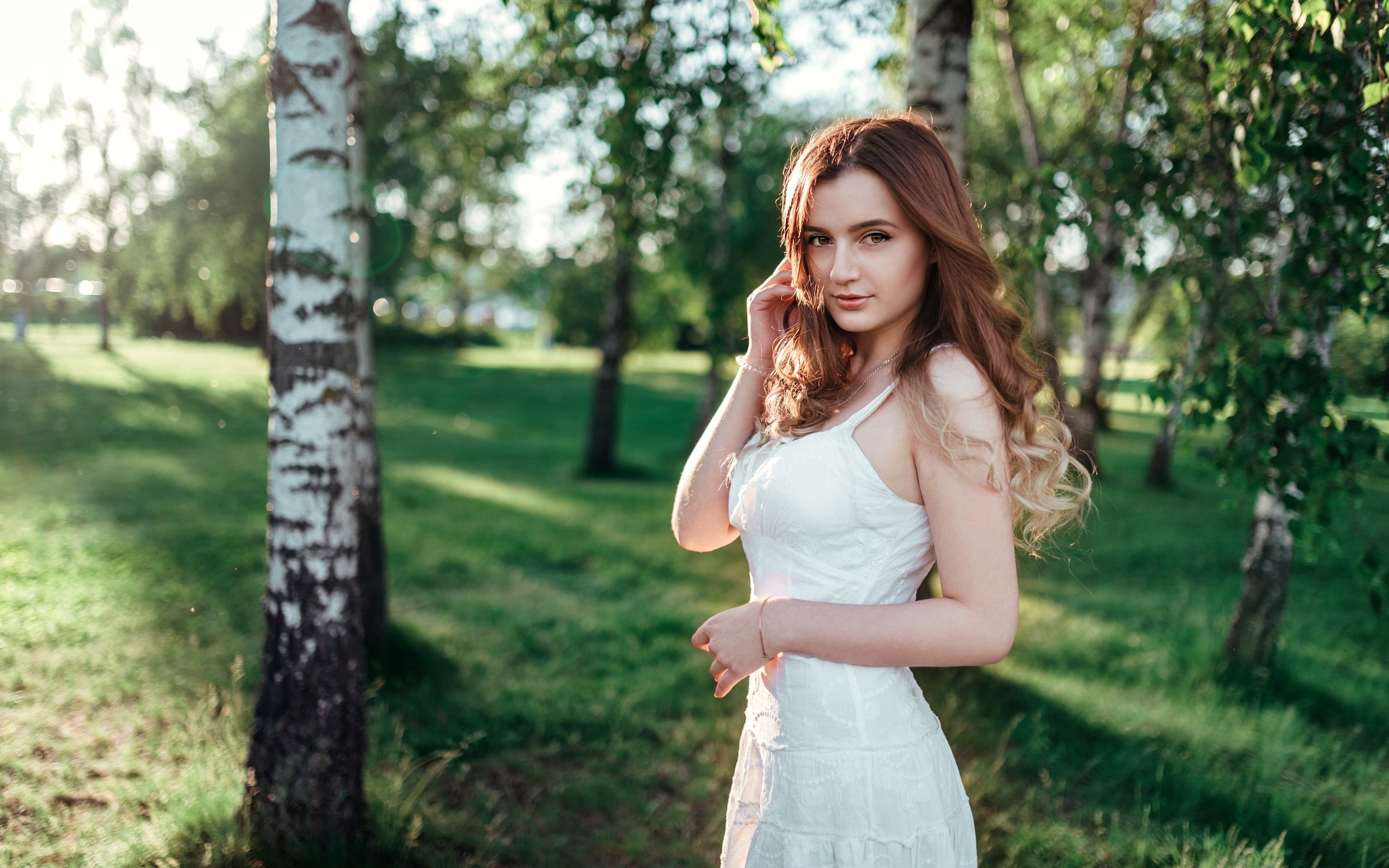 women, portrait, white dress, trees, grass, women outdoors