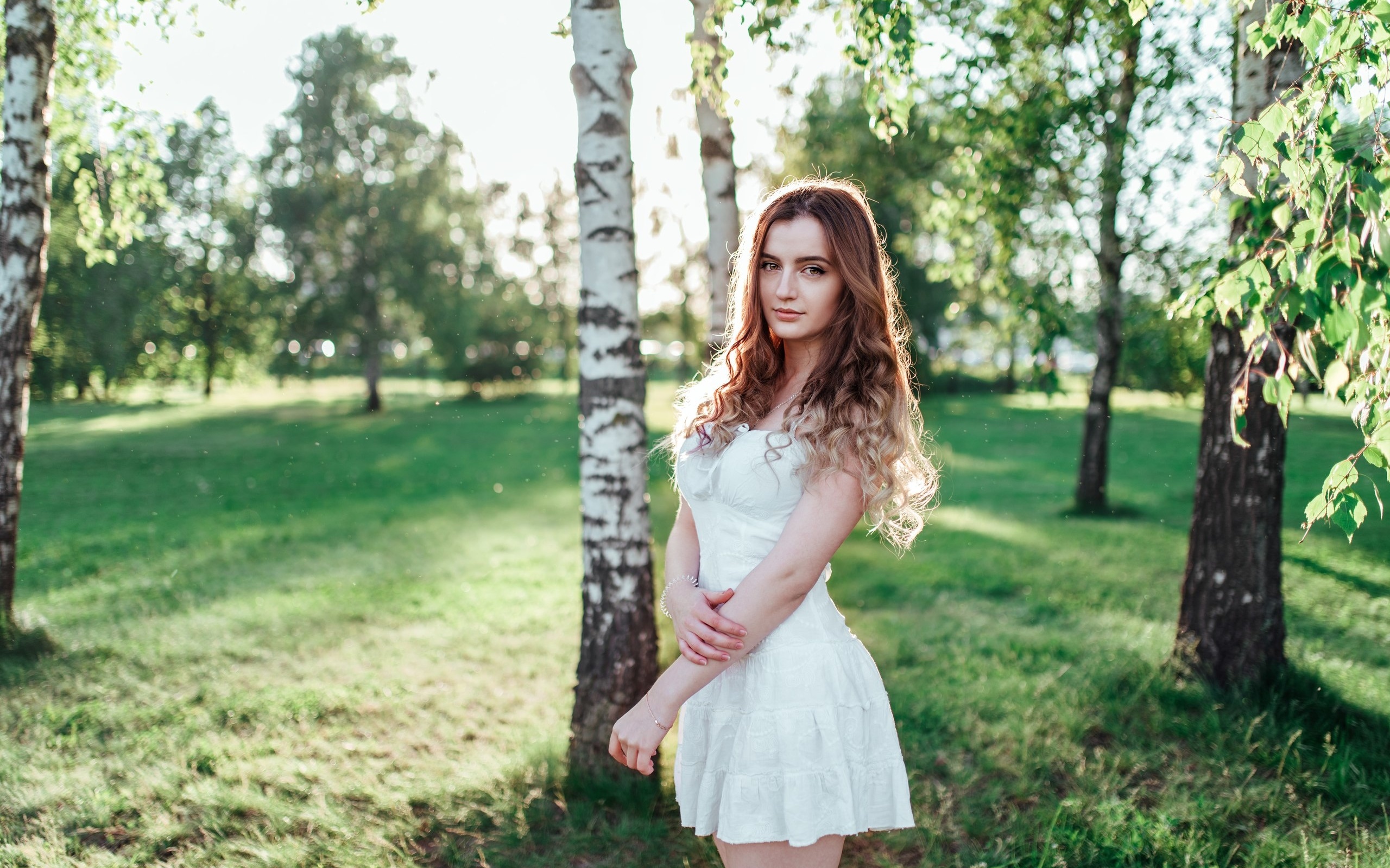 women, portrait, white dress, trees, grass, women outdoors