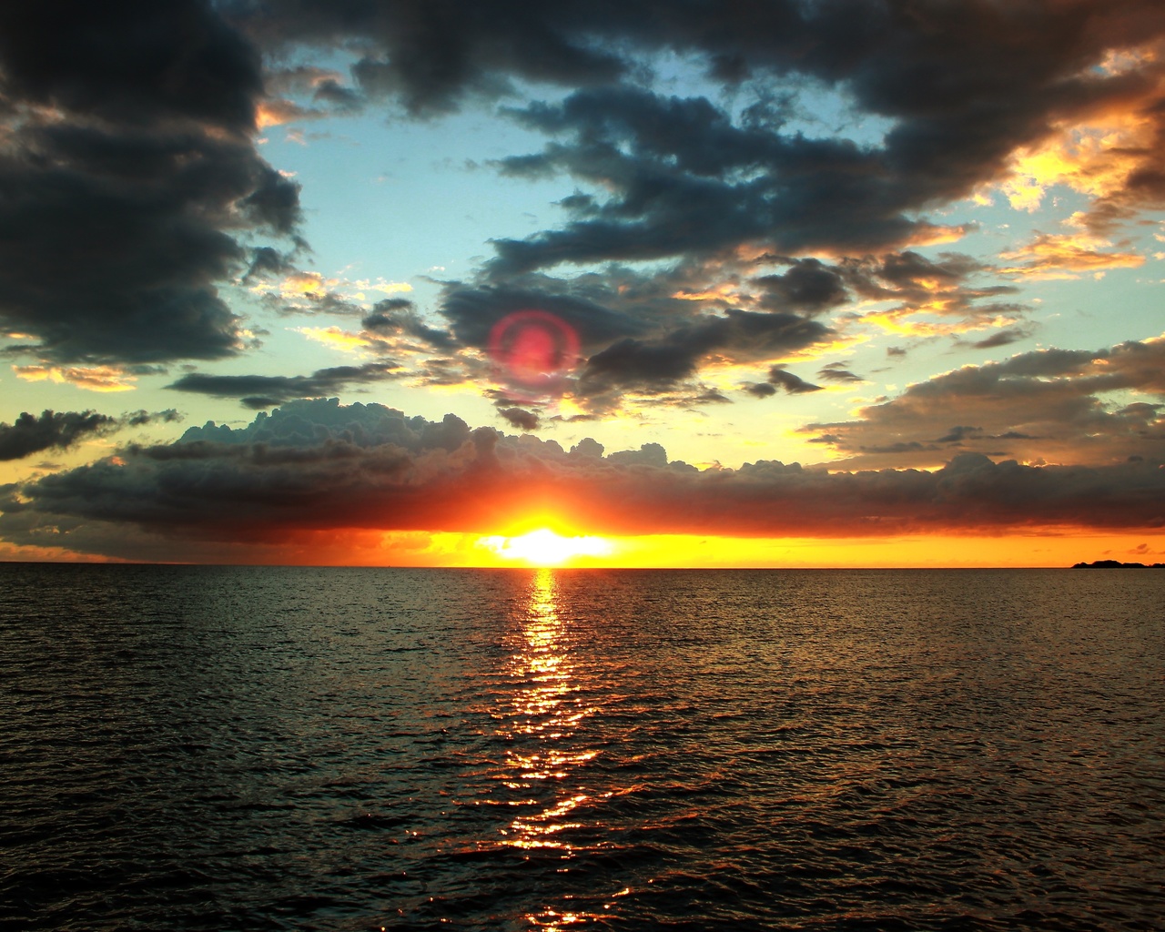 sunset, dawn, horizon, calm water, clouds, sky