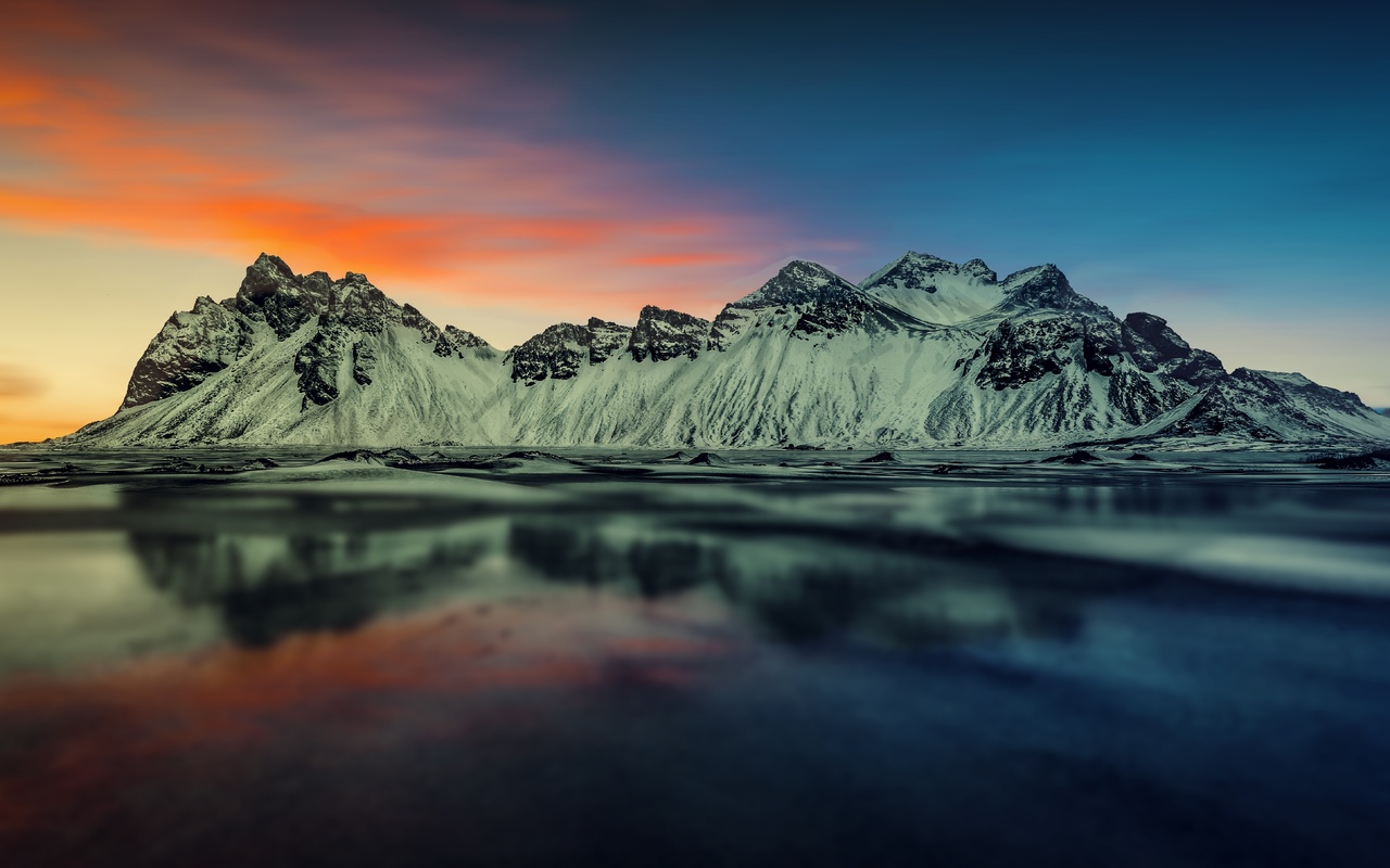 sunset, mountains, scenic, reflection, close-up