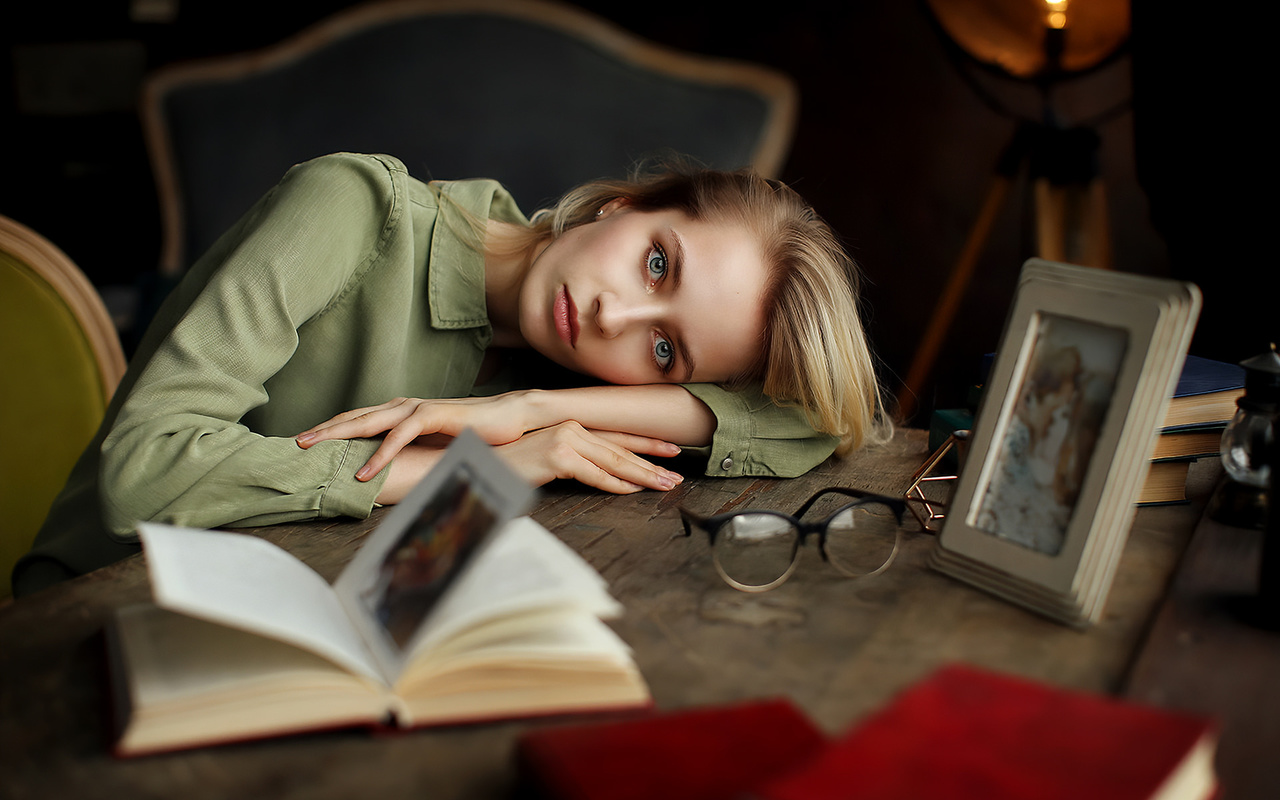 women, blonde, books, glasses, portrait, dmitry arhar, sitting, chair, table