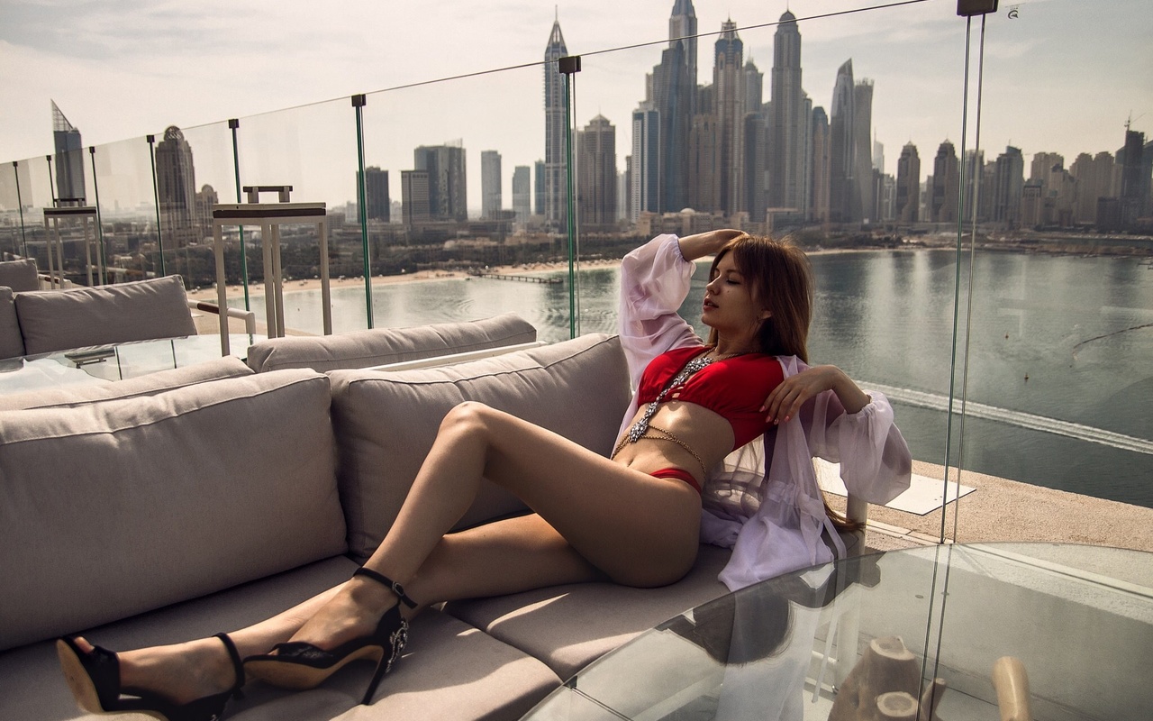 alina maier, women, ass, high heels, couch, belly, building, red bikini, brunette, women outdoors, , , , 