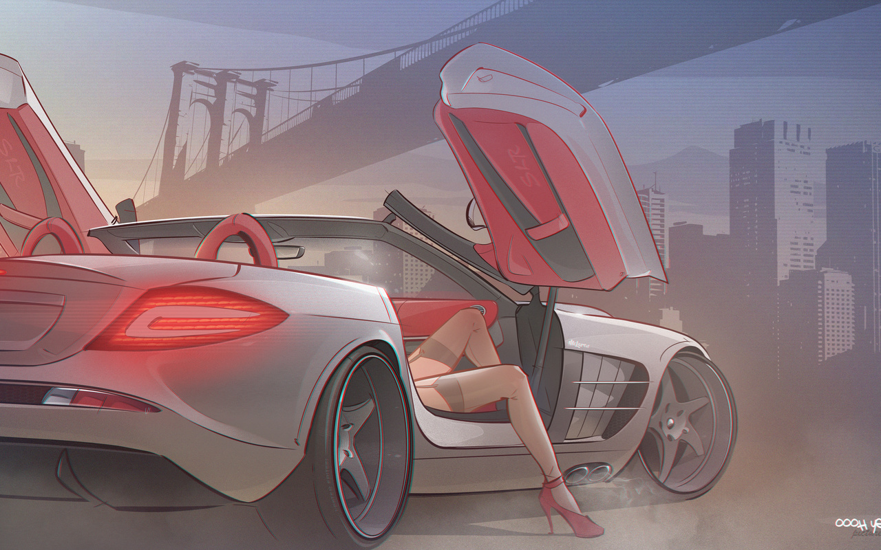 Картинки mercedes, slr, mclaren, girl, lady, driver, smoke, art, draw, cg,  sexy, legs, driver, woman, fast, чулки, девушка, рисунок, мерседес, авто,  спорткар - обои 1280x800, картинка №327233