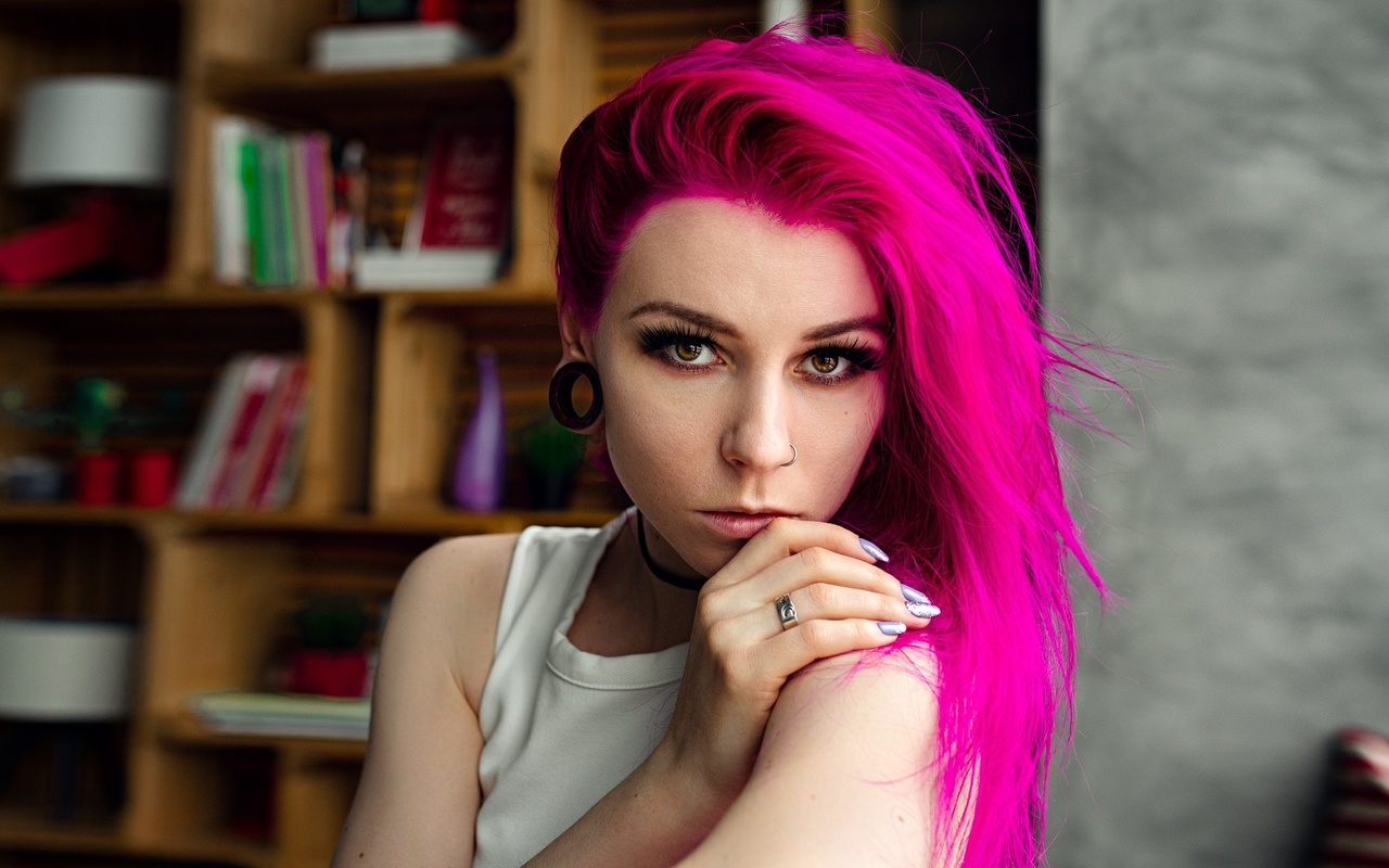 women, face, portrait, dyed hair, painted nails, nose ring