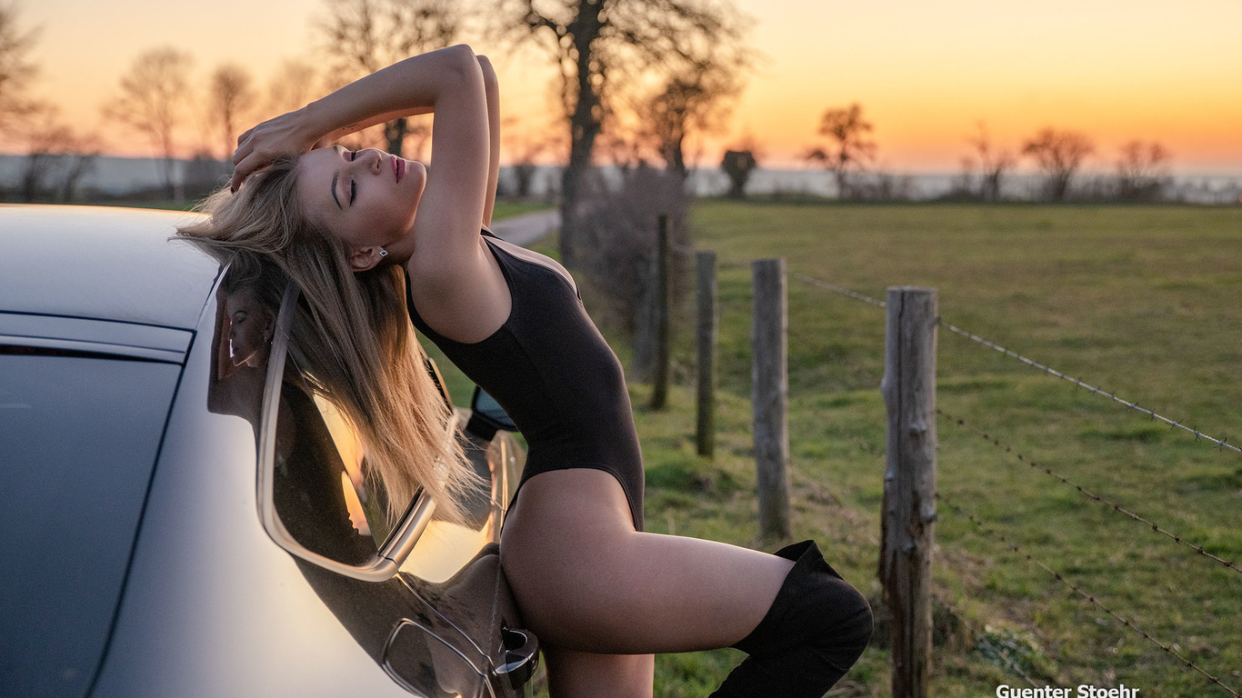 women, guenter stoehr, blonde, ass, fence, women with cars, closed eyes, leotard, knee-high boots, women outdoors