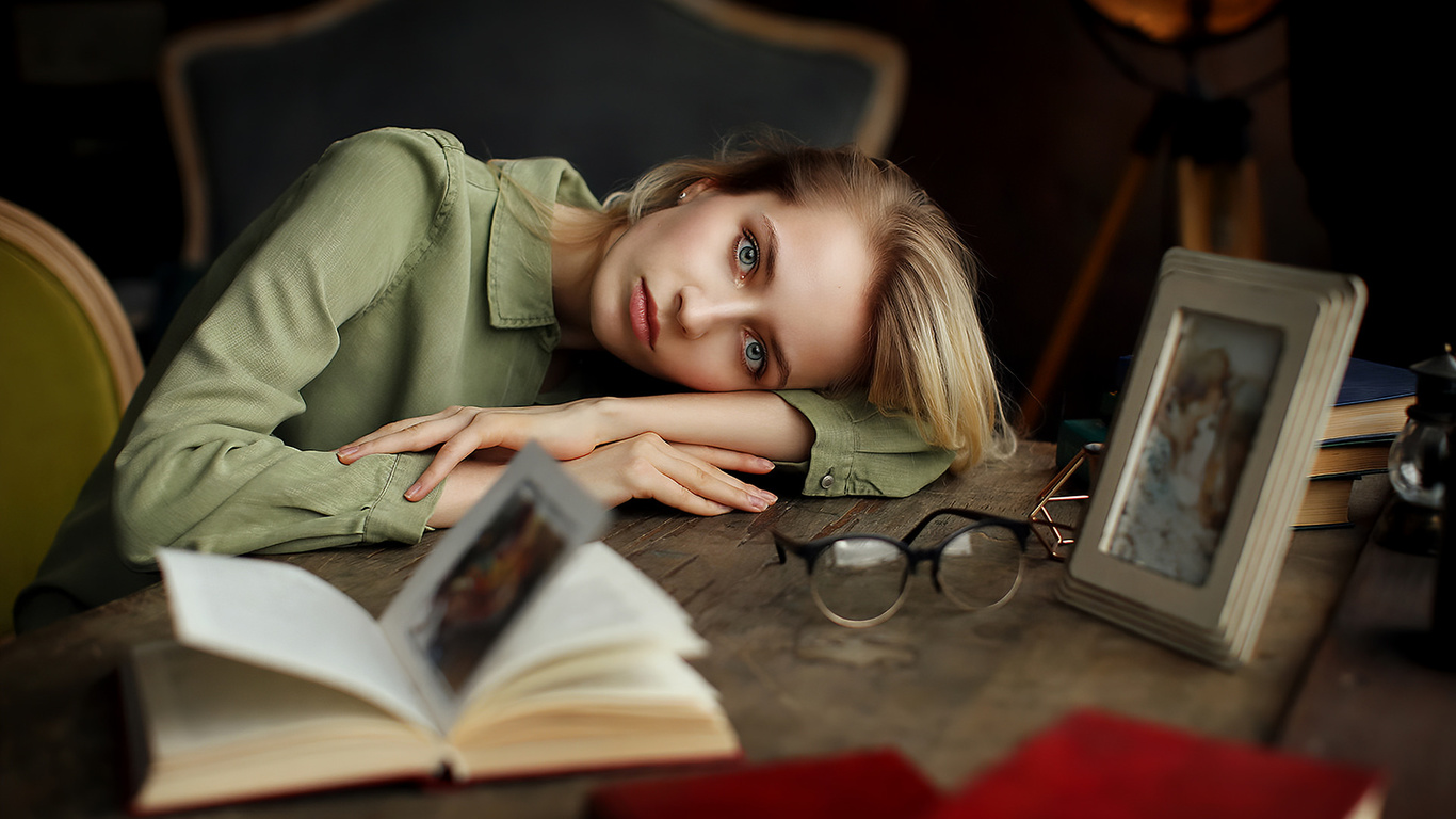 women, blonde, books, glasses, portrait, dmitry arhar, sitting, chair, table