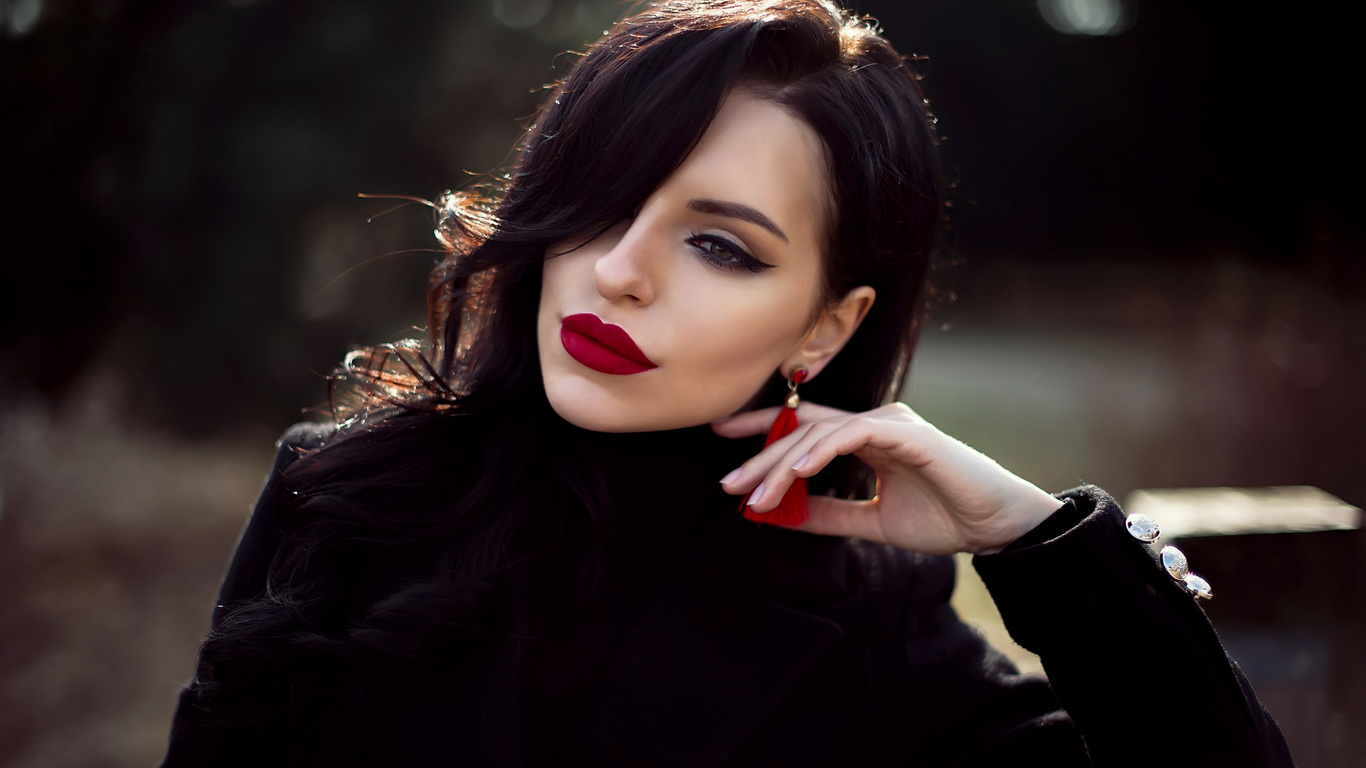 women, red lipstick, bokeh, eyeliner, face, portrait, coats, make up