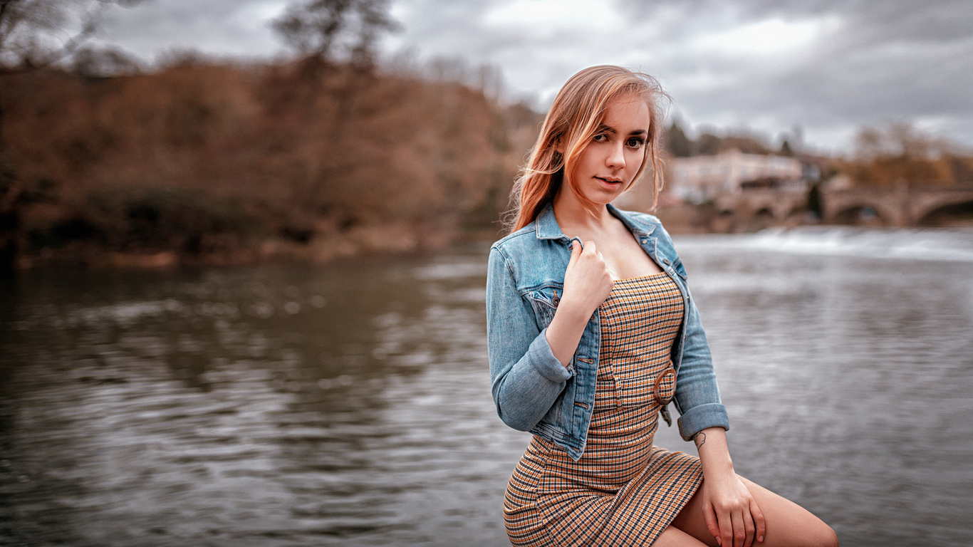 women, dress, river, women outdoors, denim, tight dress, smiling, sitting, portrait, oliver gibbs,rosie