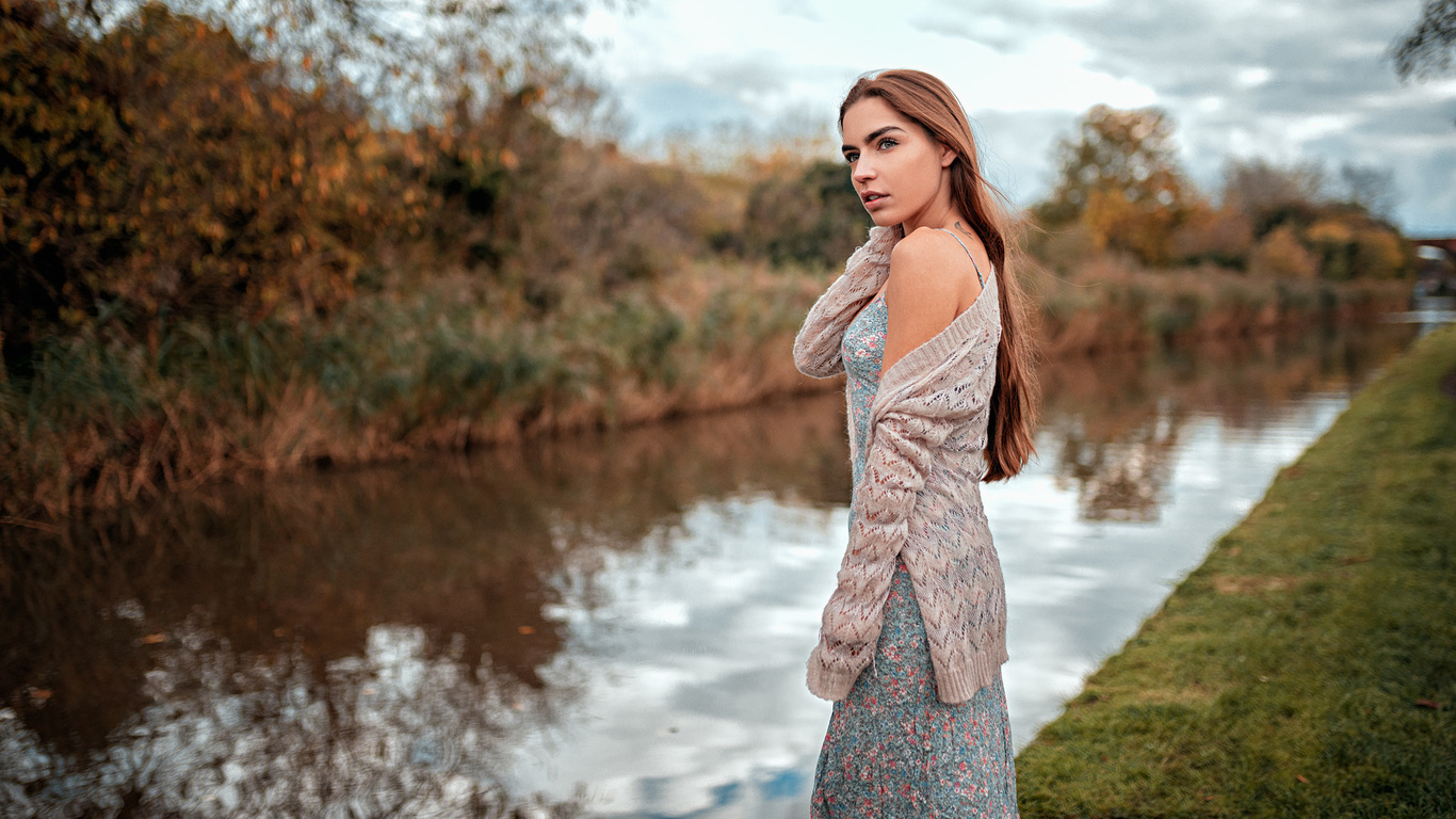 women, portrait, dress, river, looking away, reflection, tattoo, long hair, women outdoors, oliver gibbs,lily