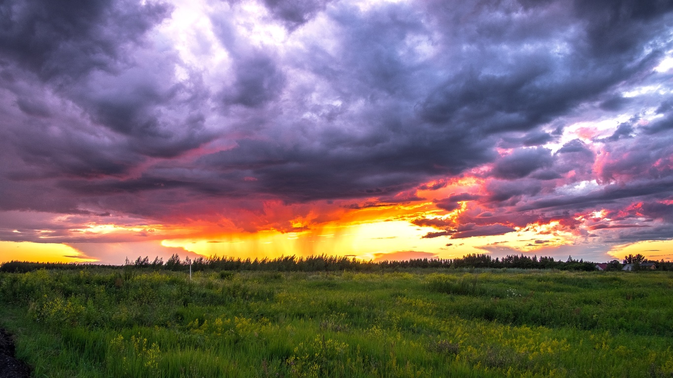 sunset, field, dark clouds, burning sky, horizon