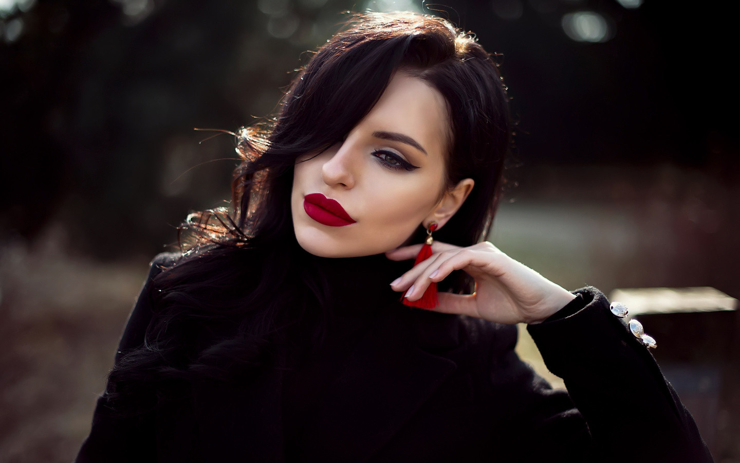 women, red lipstick, bokeh, eyeliner, face, portrait, coats, make up