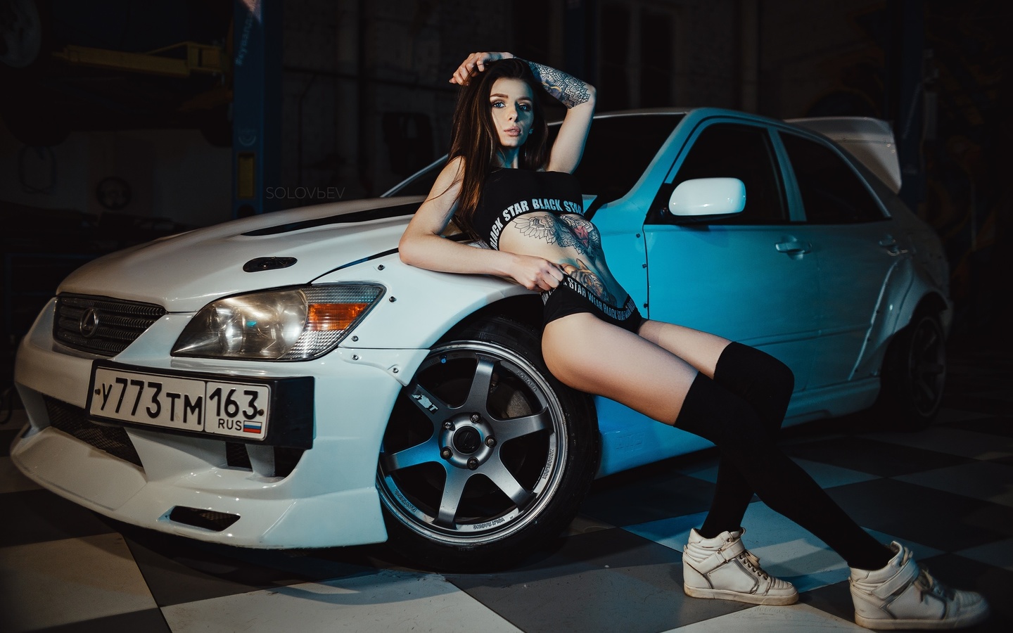 women, artem solovev, garage, knee-highs, sneakers, women with cars, ass, tattoo, belly, sportswear, black stockings, blue eyes