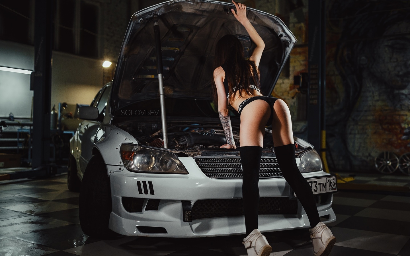 women, artem solovev, garage, knee-highs, sneakers, women with cars, ass, tattoo, sportswear, black stockings