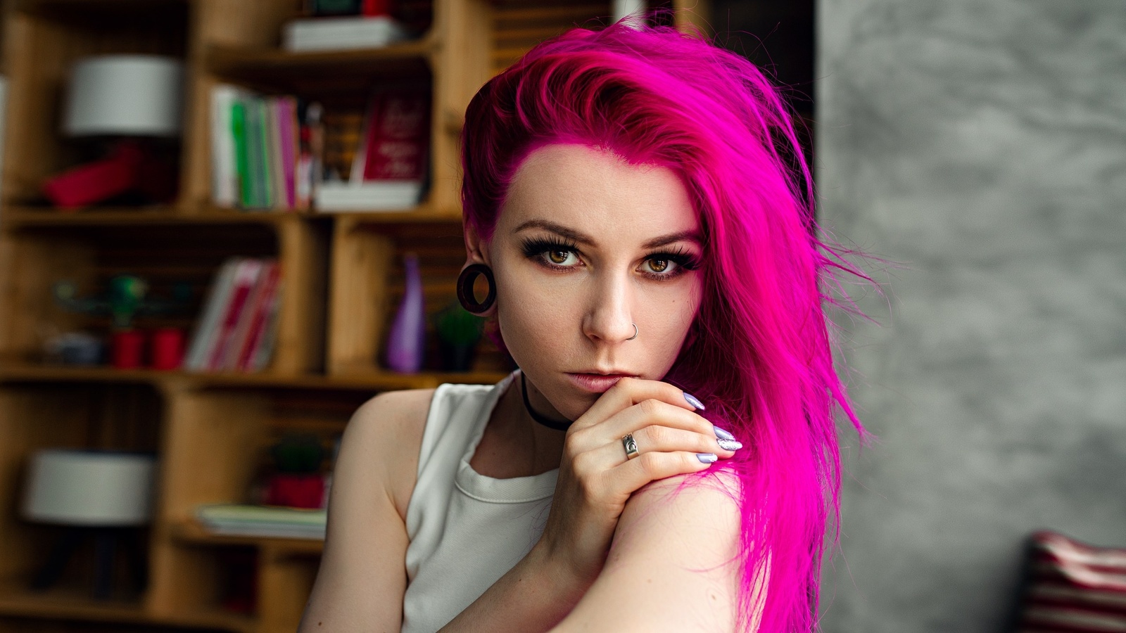 women, face, portrait, dyed hair, painted nails, nose ring