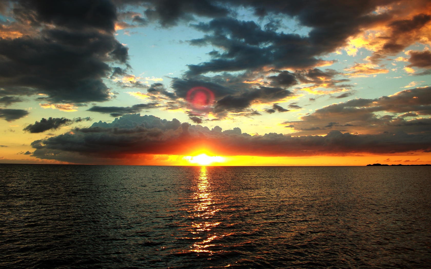 sunset, dawn, horizon, calm water, clouds, sky