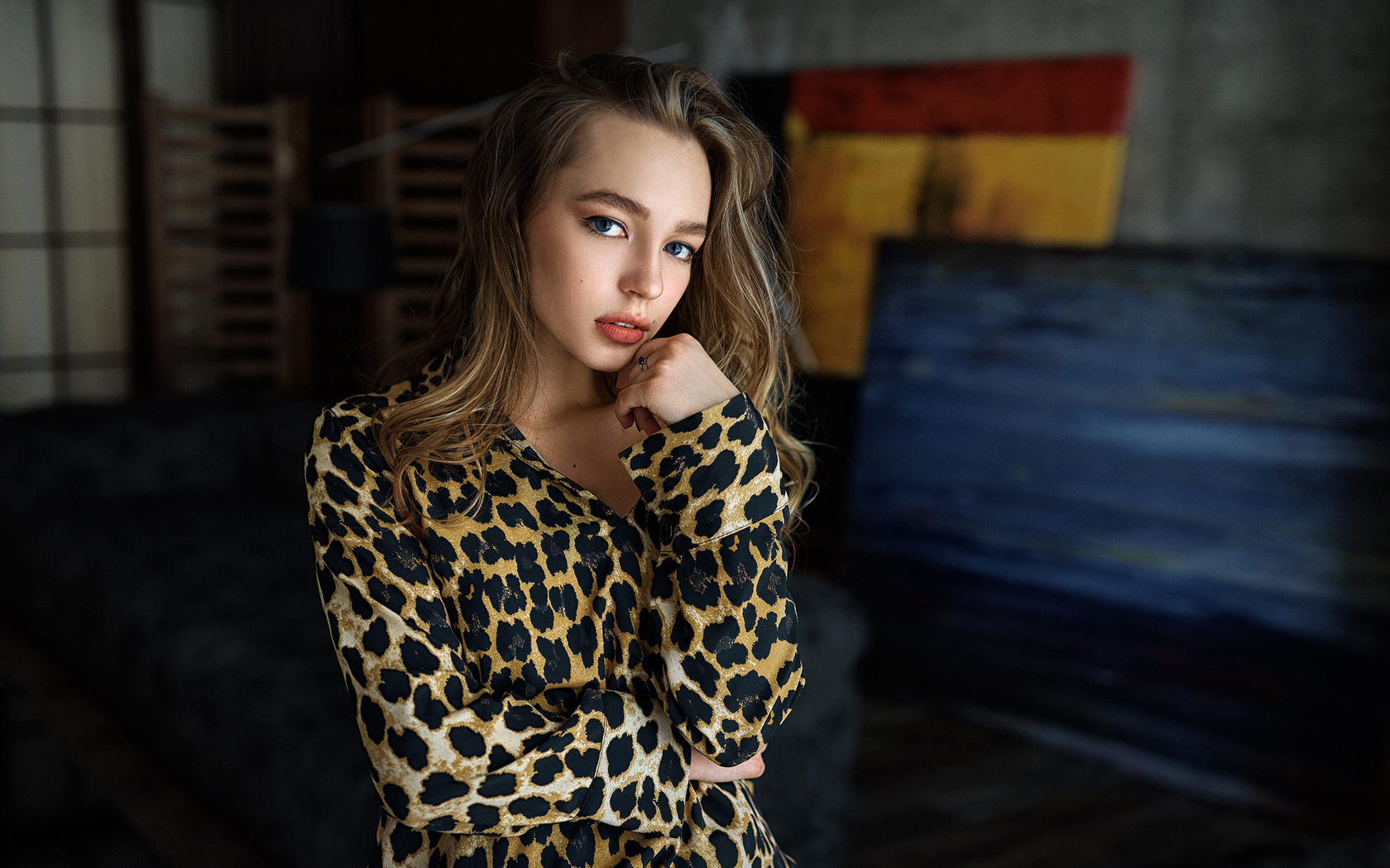 women, blue eyes, portrait, face, animal print