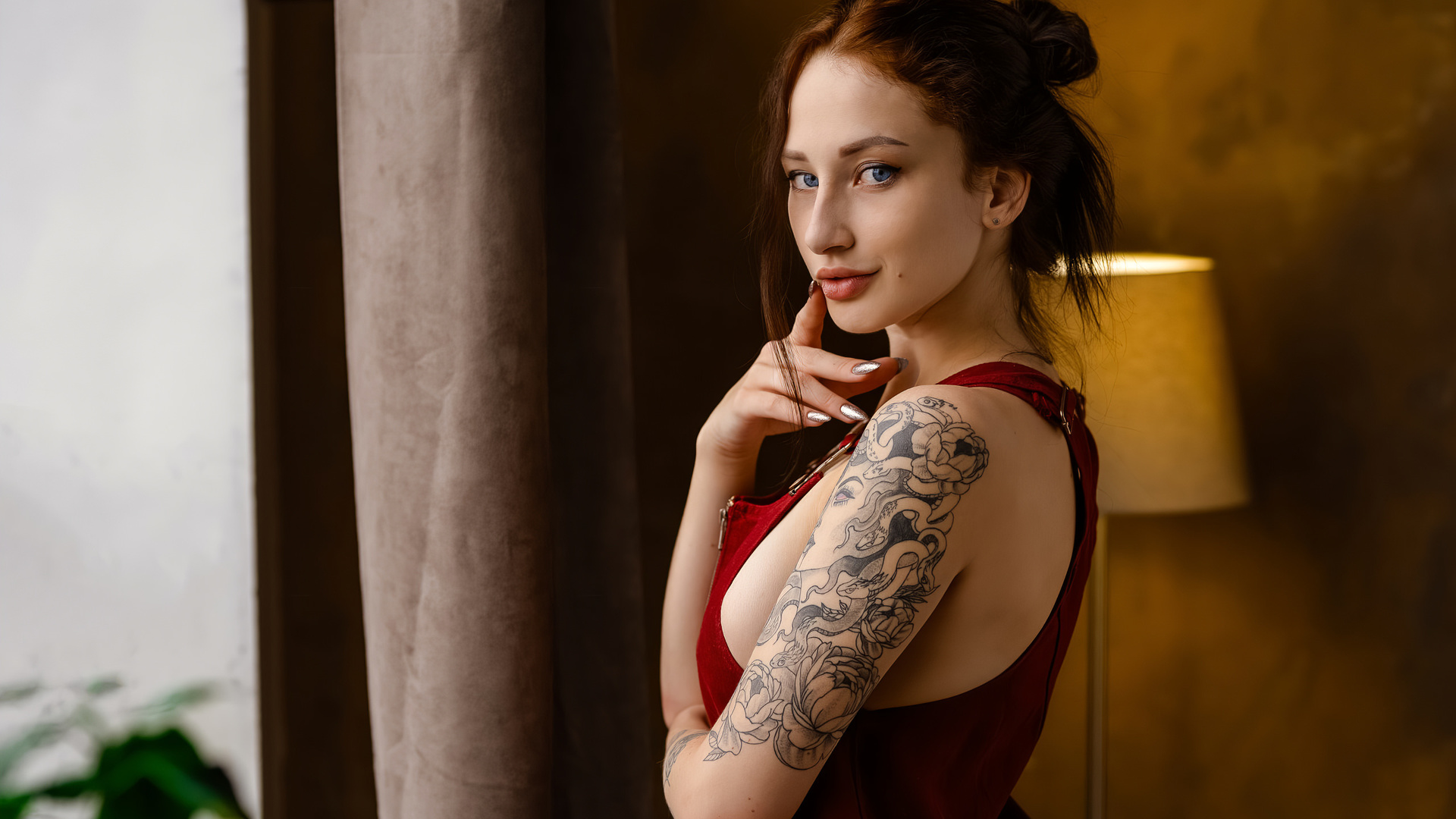 women, blue eyes, sideboob, portrait, tattoo, lamp, painted nails