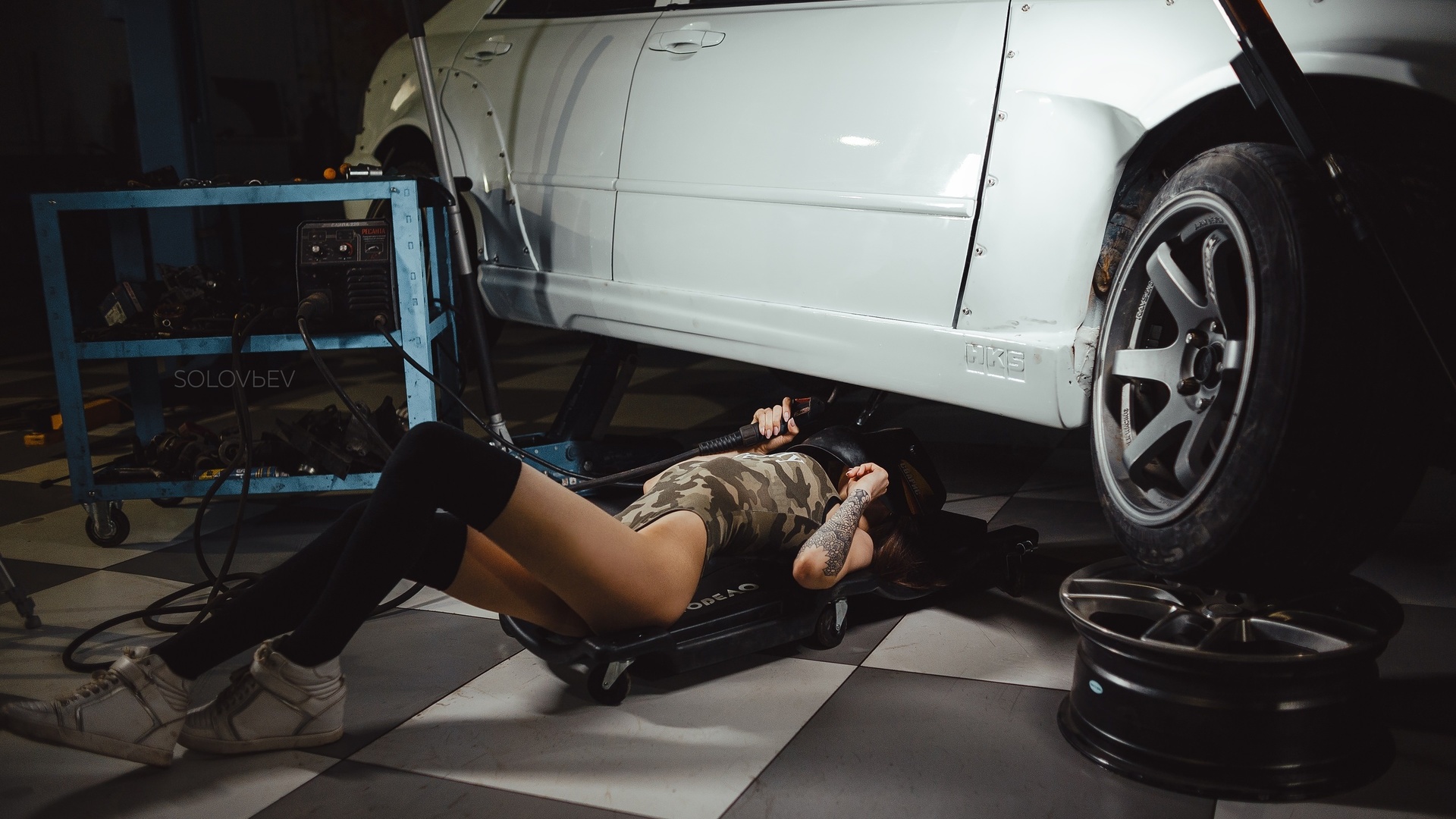 women, artem solovev, garage, knee-highs, sneakers, women with cars, ass, tattoo, bodysuit, sportswear, black stockings