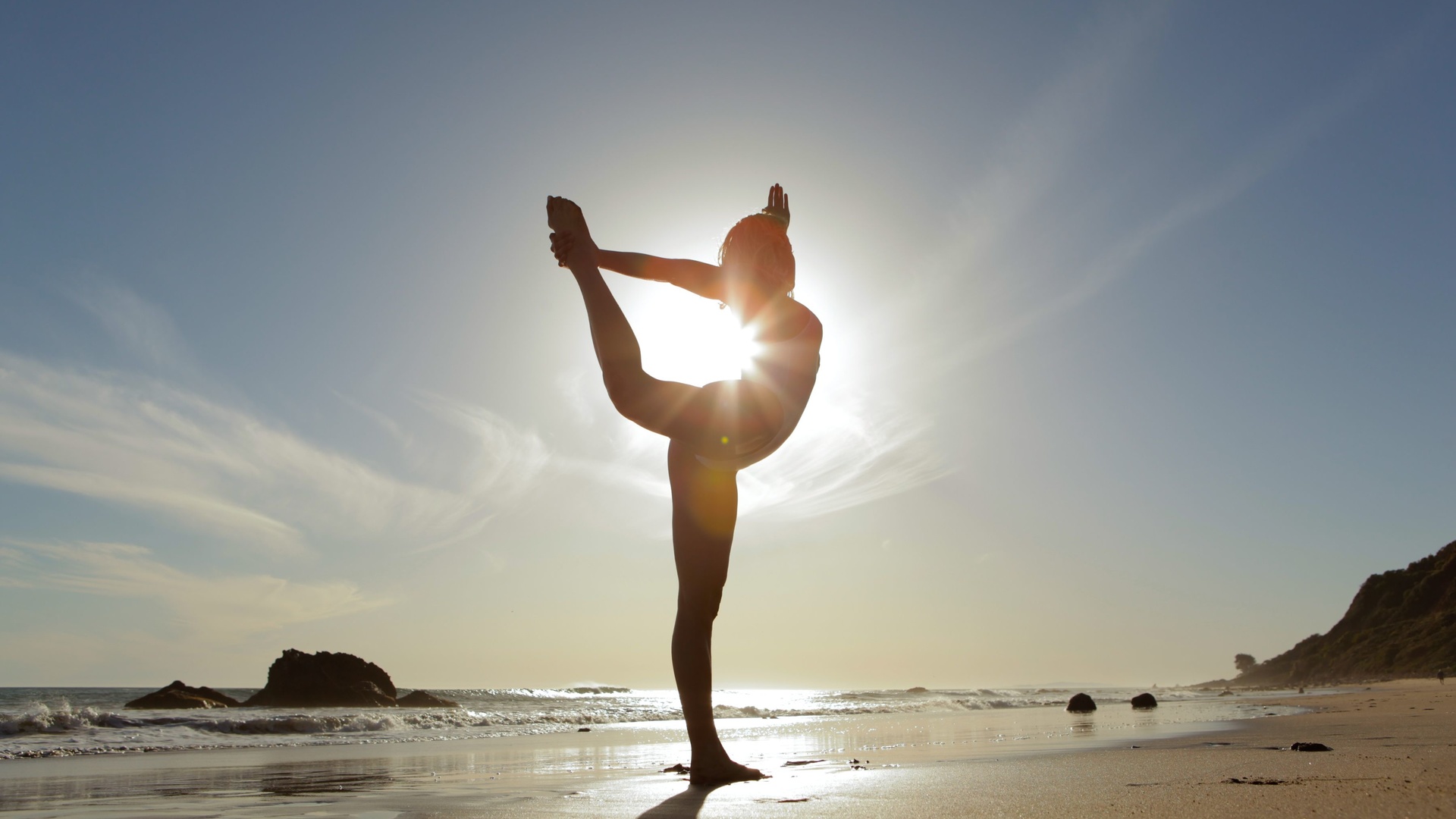 yoga, beach, sunset