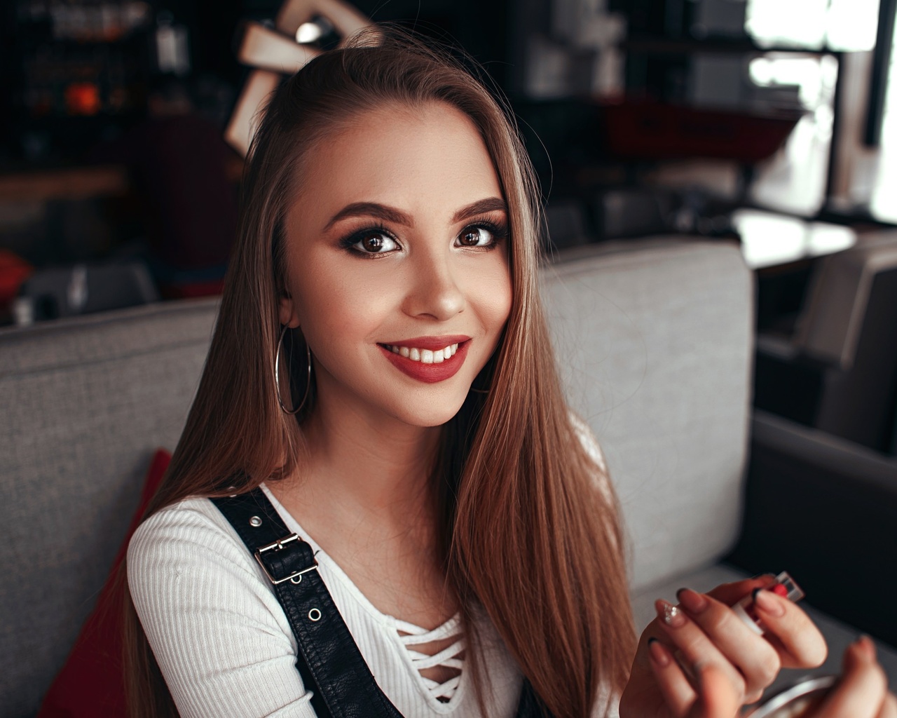 women, face, portrait, smiling, hoop earrings, sitting, lipstick, red lipstick, long hair, mirror, make up,  