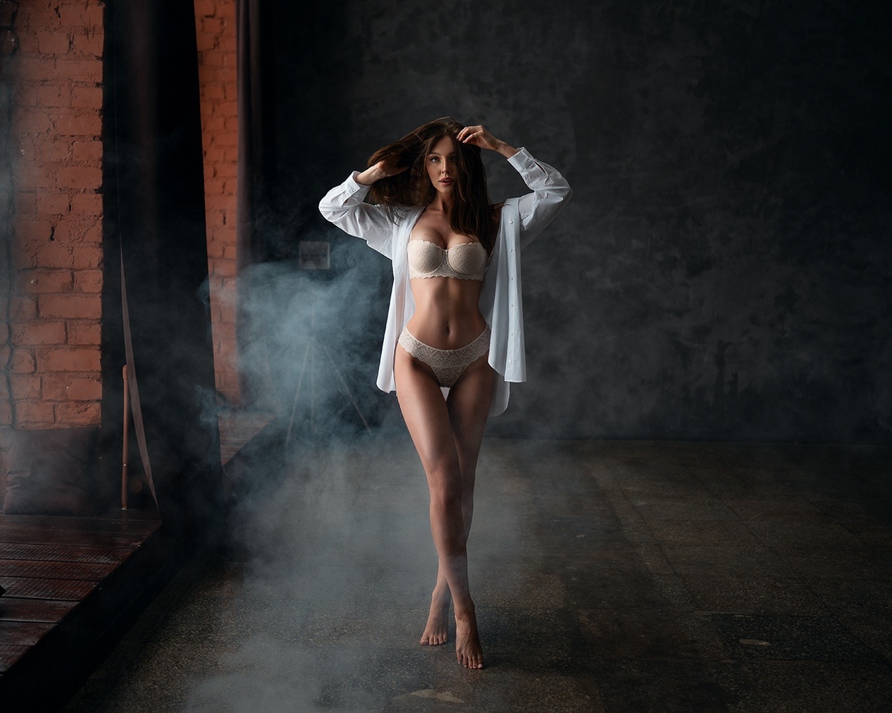 women, brunette, lingerie, belly, white shirt, smoke, the gap, window sill, wall, bricks, open shirt