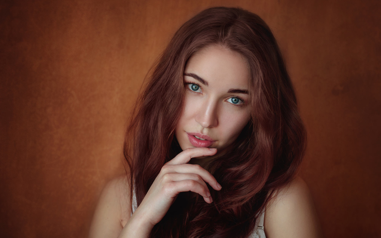 women, face, portrait, simple background, green eyes, vladislav opletaev