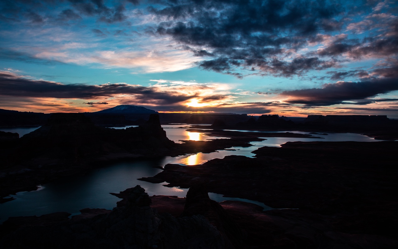 sunset, clouds, horizon, reflection, sky