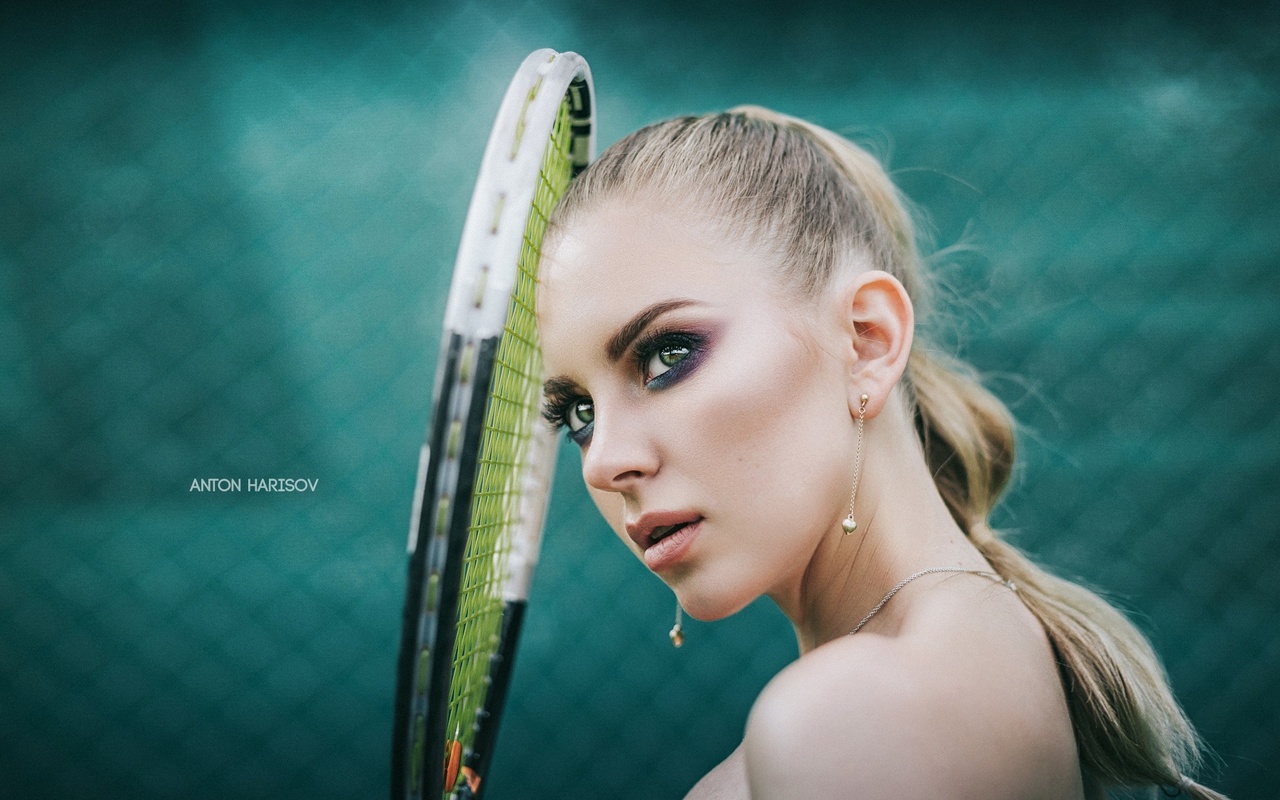 women, blonde, anton harisov, tennis rackets, portrait, looking away, sneakers, brunette, women outdoors, bare shoulders