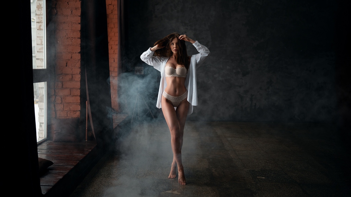 women, brunette, lingerie, belly, white shirt, smoke, the gap, window sill, wall, bricks, open shirt