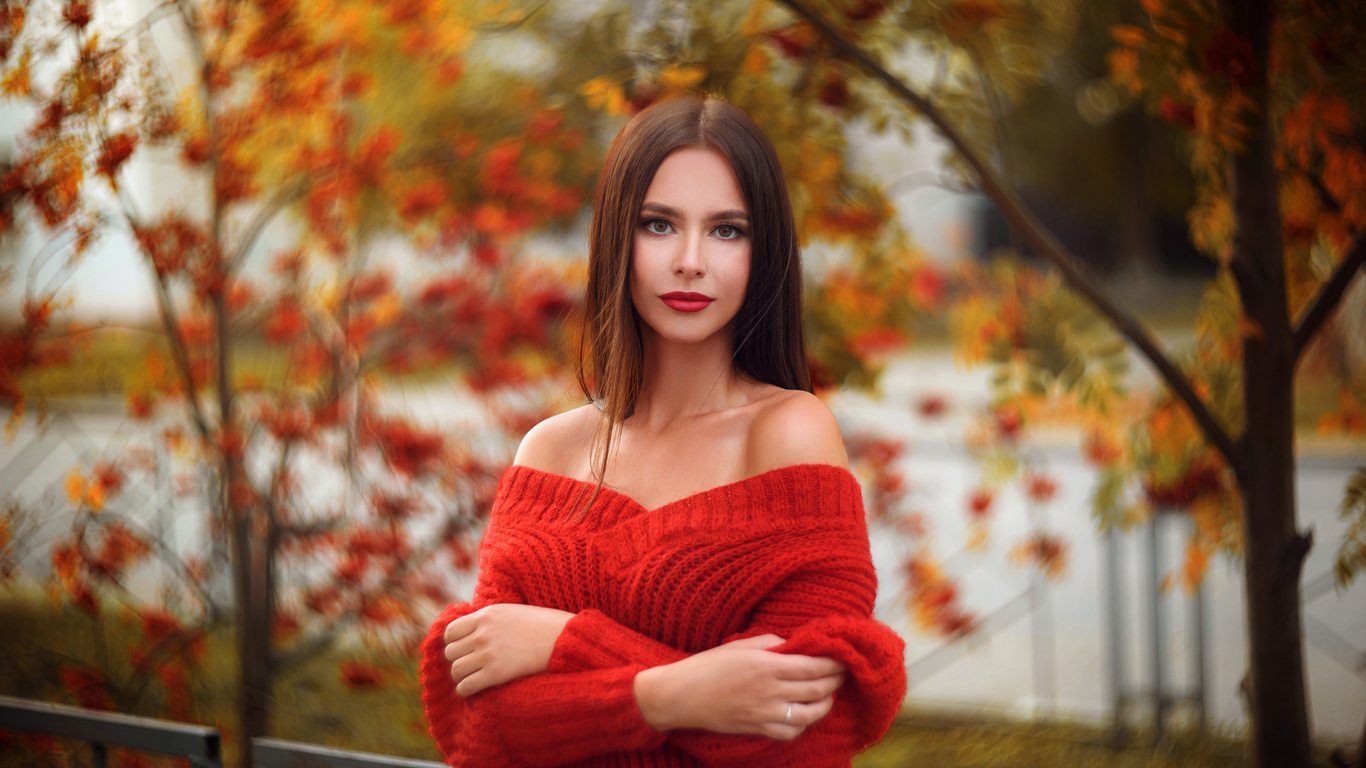 women, bare shoulders, red lipstick, arms crossed, portrait, trees, fence, women outdoors, depth of field, vladislav opletaev