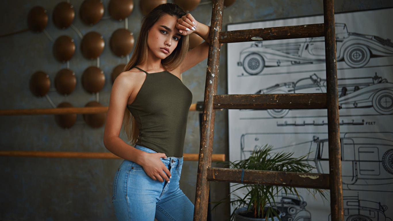 women, anastasia lis, sergey fat, long hair, jeans, stairs, plants