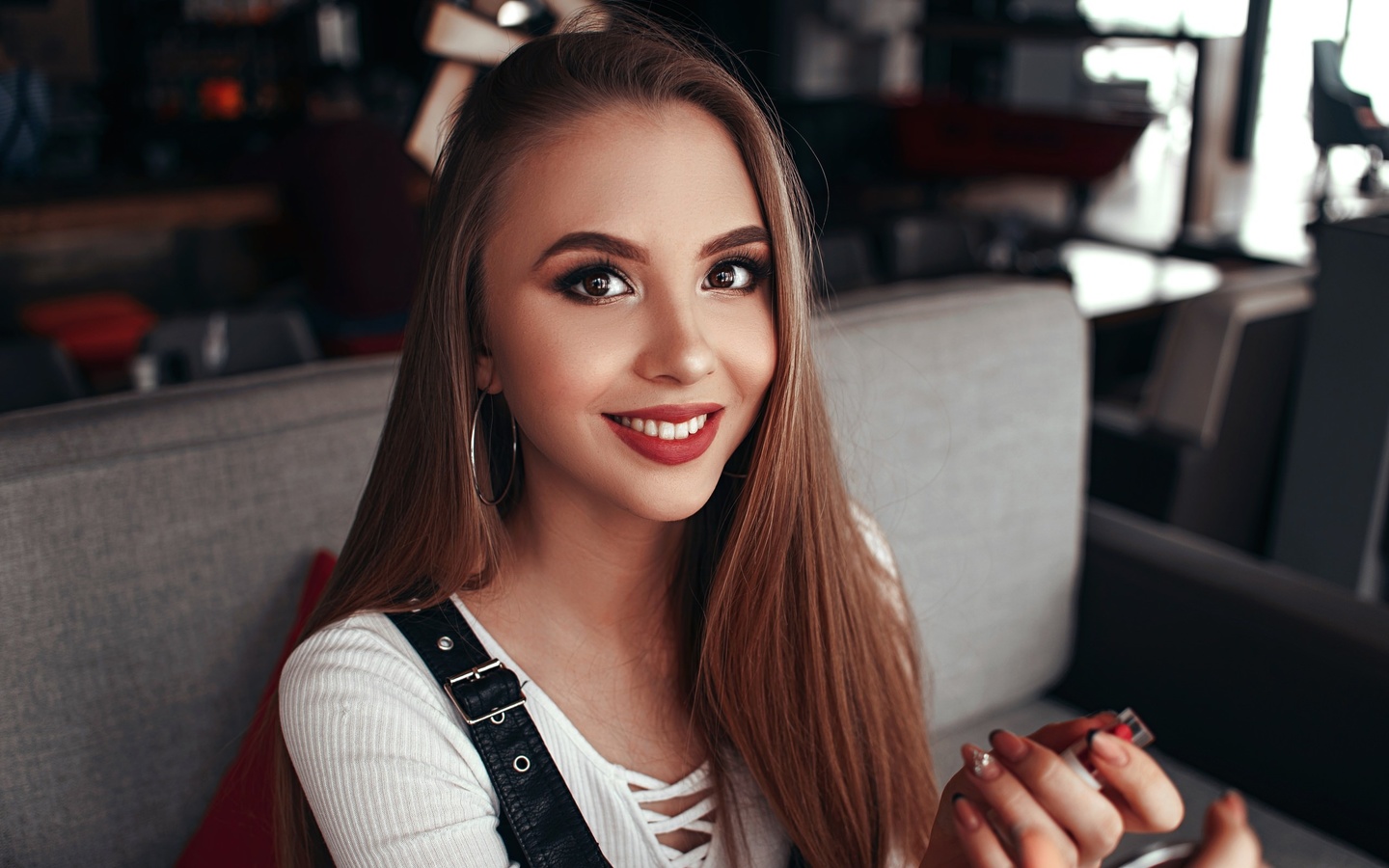 women, face, portrait, smiling, hoop earrings, sitting, lipstick, red lipstick, long hair, mirror, make up,  