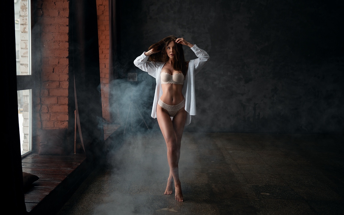 women, brunette, lingerie, belly, white shirt, smoke, the gap, window sill, wall, bricks, open shirt