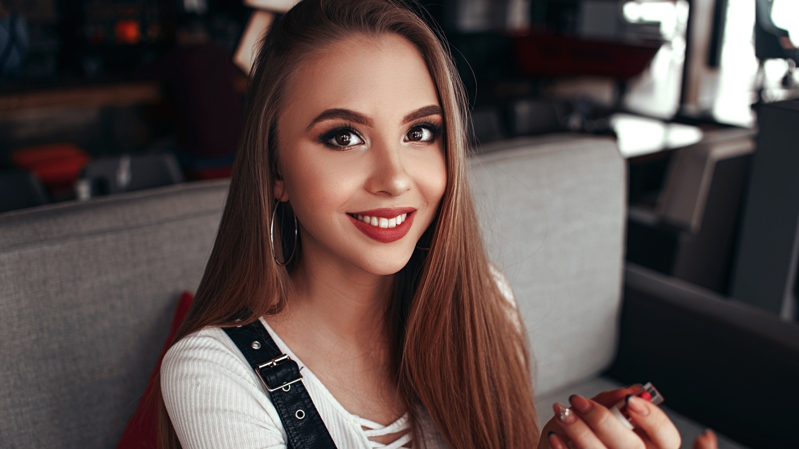 women, face, portrait, smiling, hoop earrings, sitting, lipstick, red lipstick, long hair, mirror, make up,  