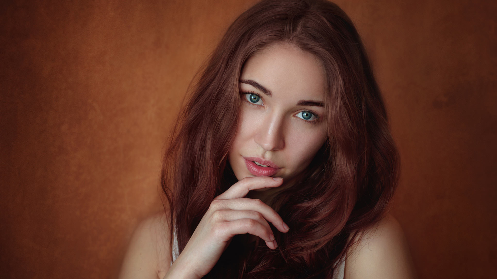 women, face, portrait, simple background, green eyes, vladislav opletaev