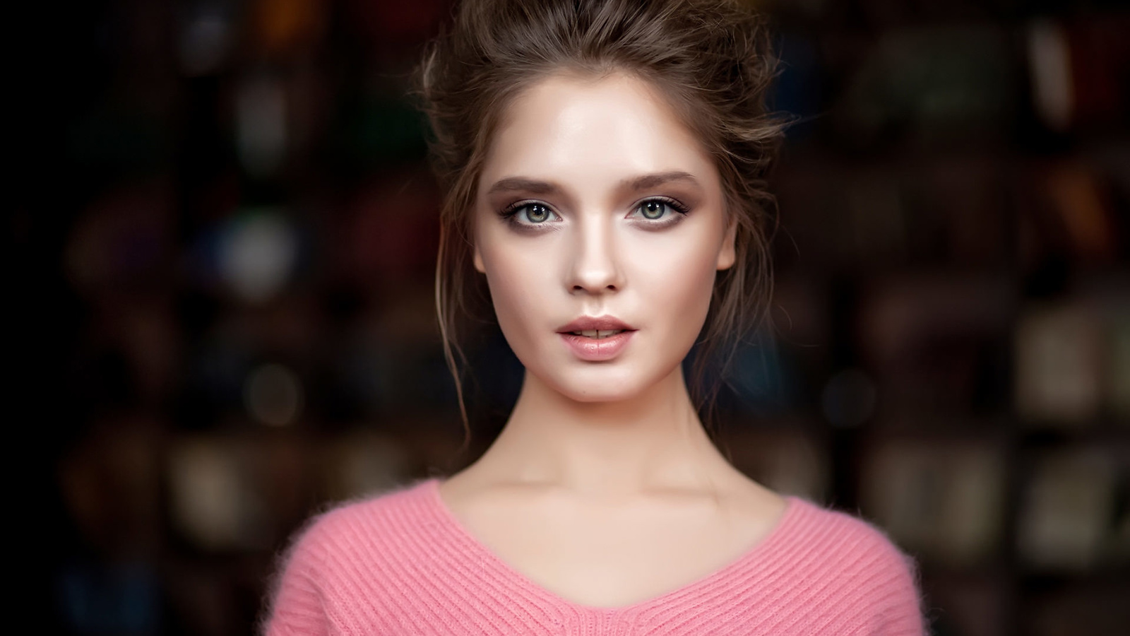 women, portrait, face, pink sweater, depth of field