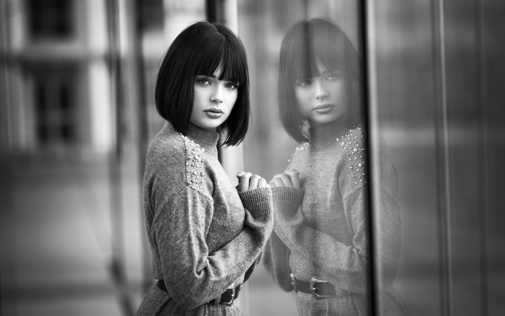 marie grippon, women, portrait, belt, glass, reflection, lods franck, monochrome