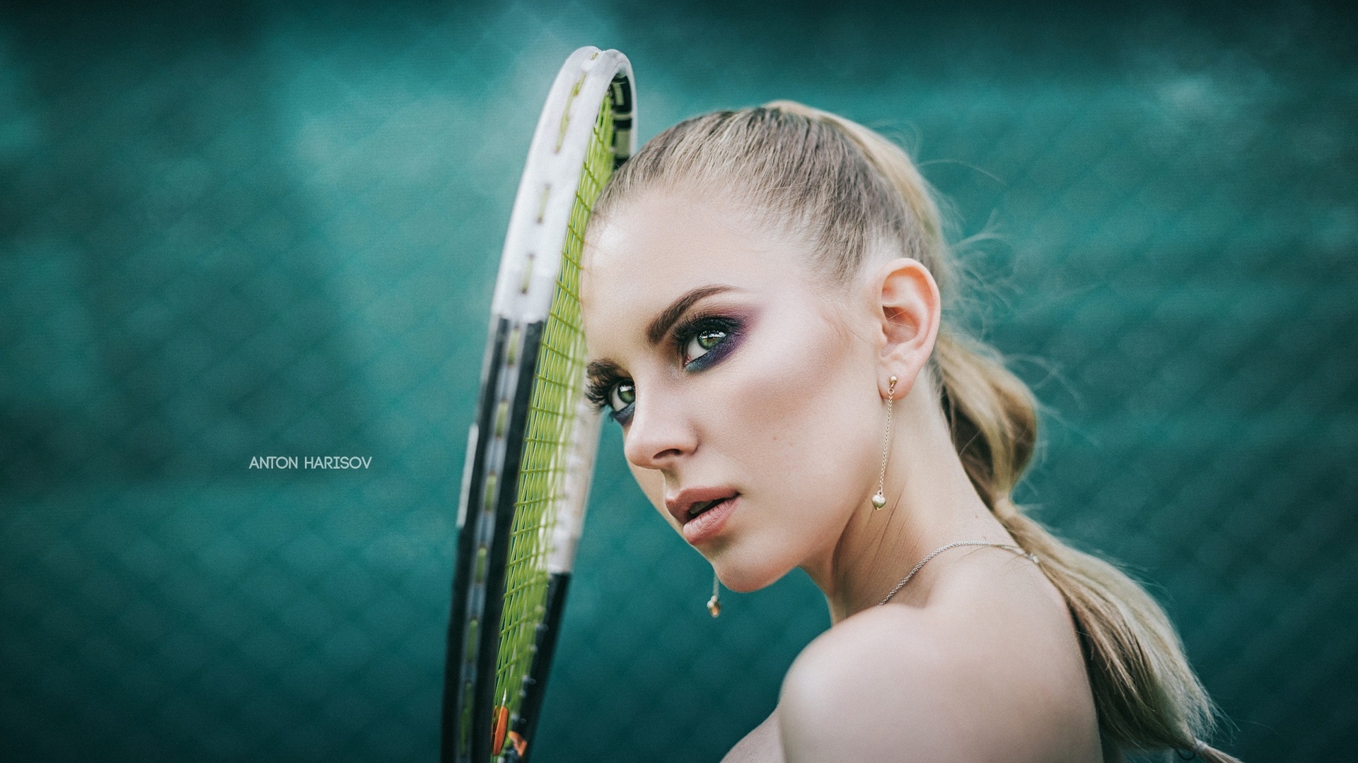 women, blonde, anton harisov, tennis rackets, portrait, looking away, sneakers, brunette, women outdoors, bare shoulders