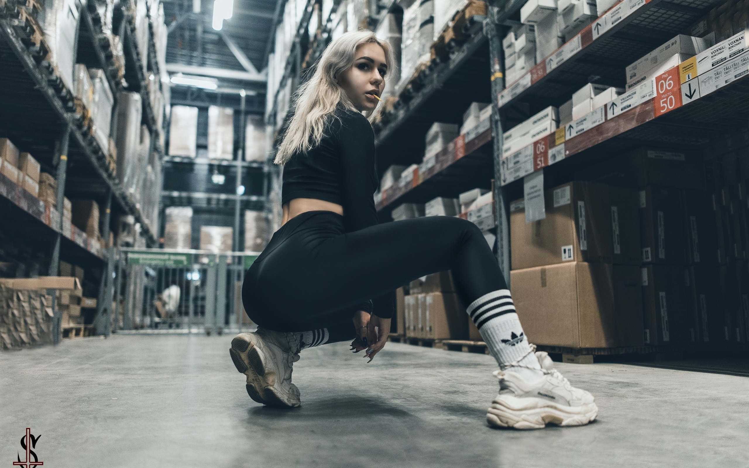 women, squatting, black clothing, white socks, sneakers, adidas, blonde, leggings, looking at viewer, nose ring