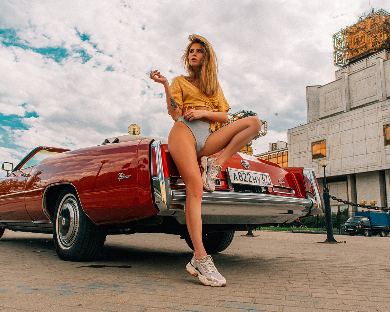 women, blonde, women outdoors, sneakers, women with cars, tattoo, aleksey trifonov