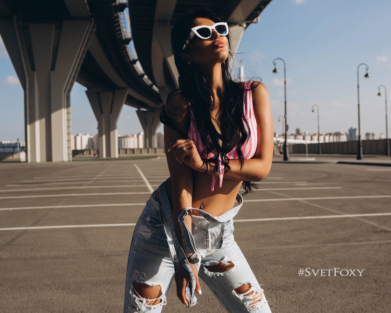 women, brunette, overalls, sunglasses, bridge, torn clothes, long hair