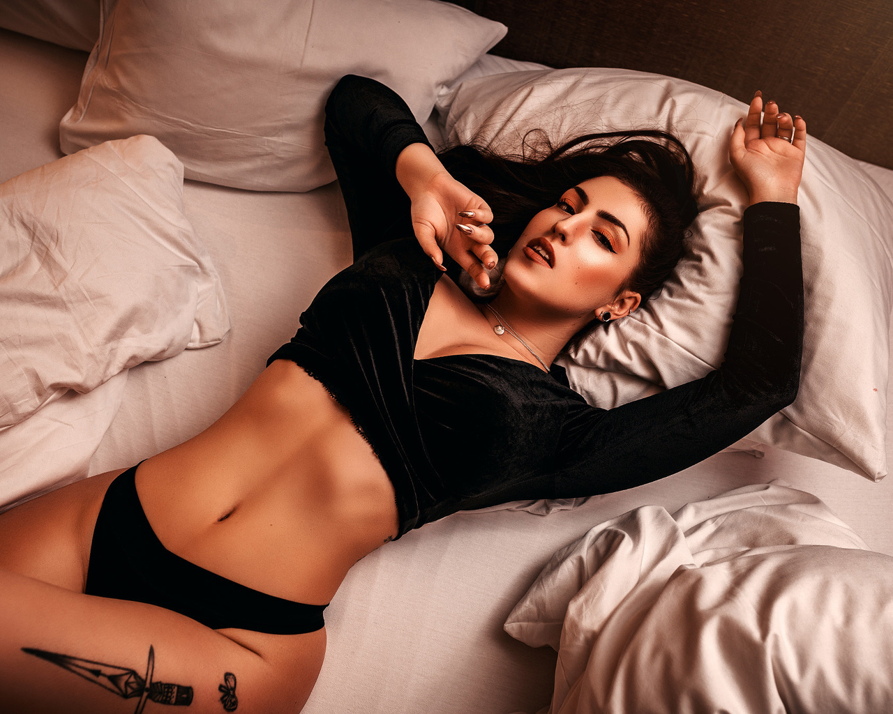 women, brunette, ribs, black panties, top view, in bed, pillow, lying on back, tattoo, eyeliner, necklace