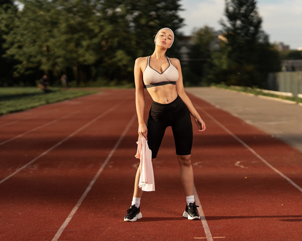 women, sportswear, sneakers, women outdoors, belly, white socks, closed eyes, pink lipstick, hair band