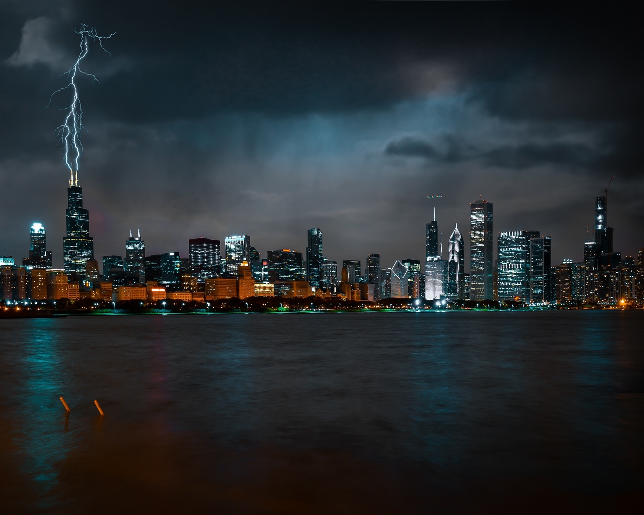 chicago, night, skyscrapers, metropolis, lightning rod