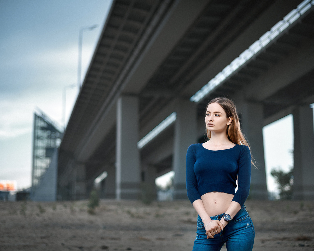 women, nipples through clothing, jeans, looking away, long hair, bridge, women outdoors, belly,   ,sergey gokk