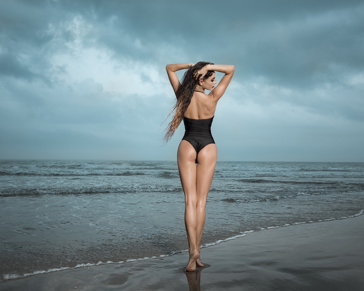 women, sea, ass, back, one-piece swimsuit, women outdoors, brunette, long hair, the gap, hands on head