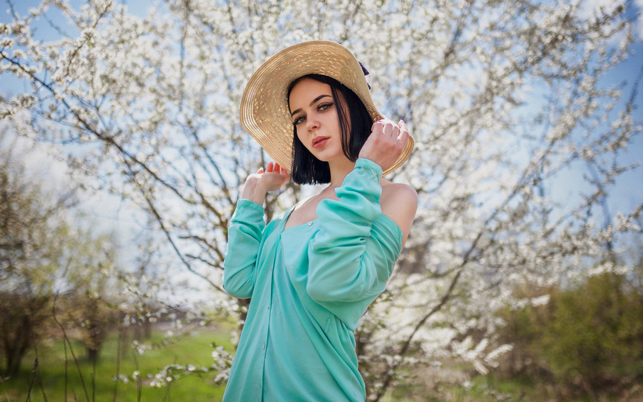 women, hat, black hair, portrait, dress, women outdoors, depth of field